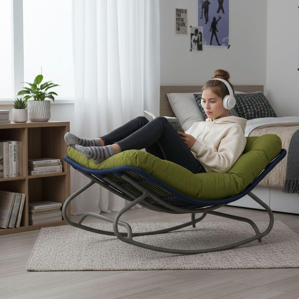 2 Cadeira Balanço Viena Corda Náutica Para Jardim Sala Trama Azul Marinho - 4