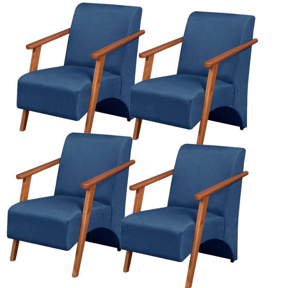 Kit 4 Poltronas Venus 1 Lugar Braço Madeira Maciça Tecido Suede Azul Bic - 1