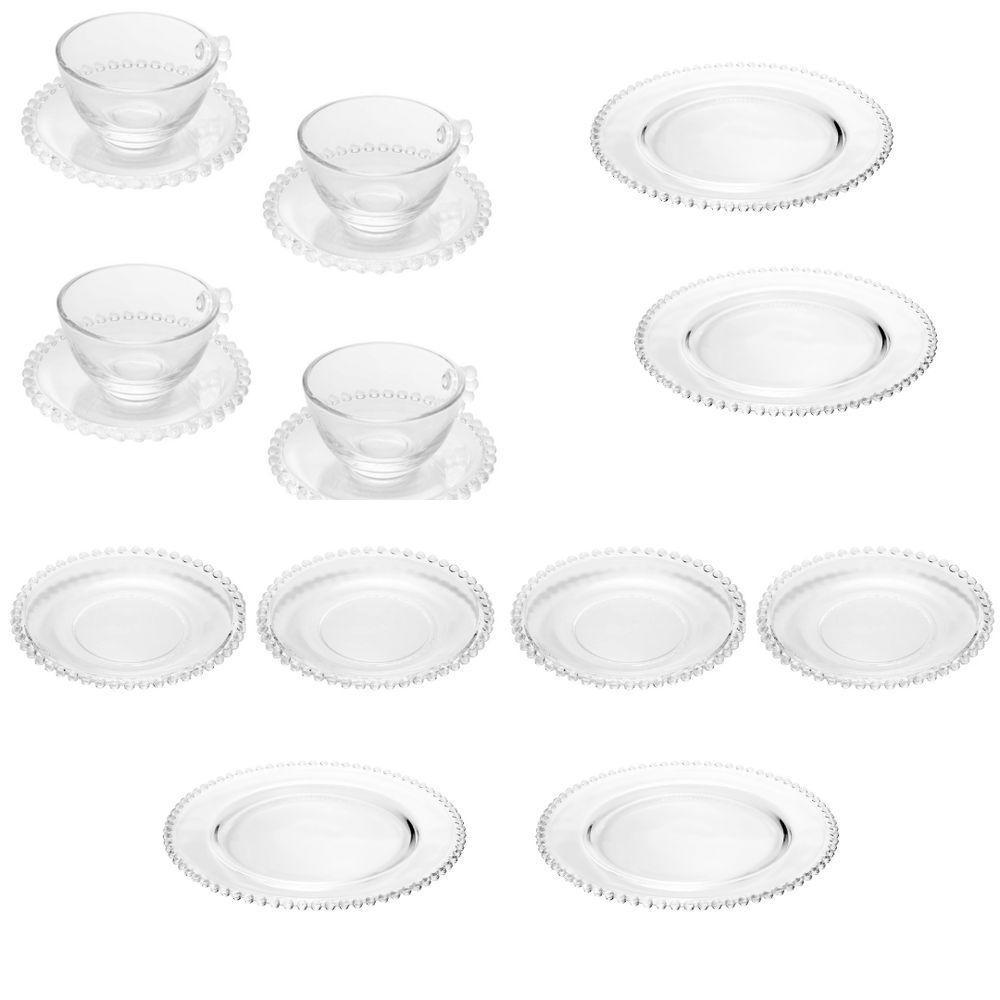 Kit 4 Xícaras Com Pires + 4 Pratos Sobremesa + 4 Pratos Jantar Pearl Wolff Transparente - 1