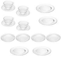 Kit 4 Xícaras Com Pires + 4 Pratos Sobremesa + 4 Pratos Jantar Pearl Wolff Transparente - 1