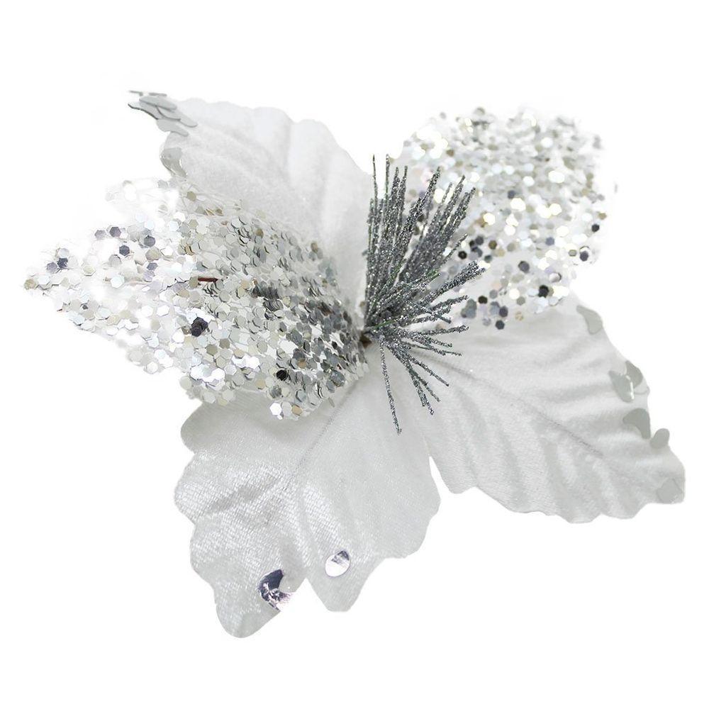 Kit 12 Flor De Natal Prata Artificial Com Brilho 19cm - 1