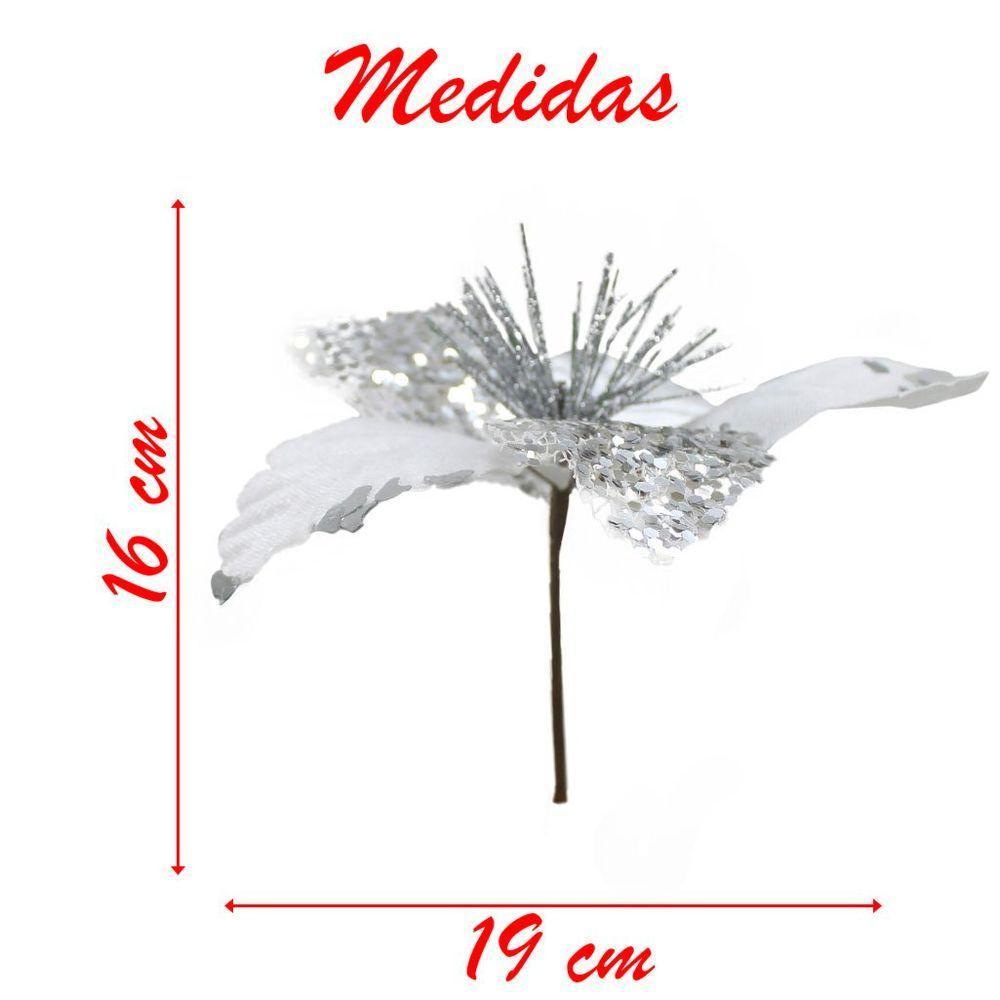 Kit 12 Flor De Natal Prata Artificial Com Brilho 19cm - 2