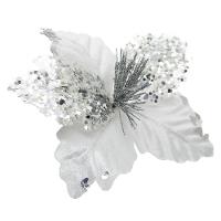 Kit 12 Flor De Natal Prata Artificial Com Brilho 19cm - 1