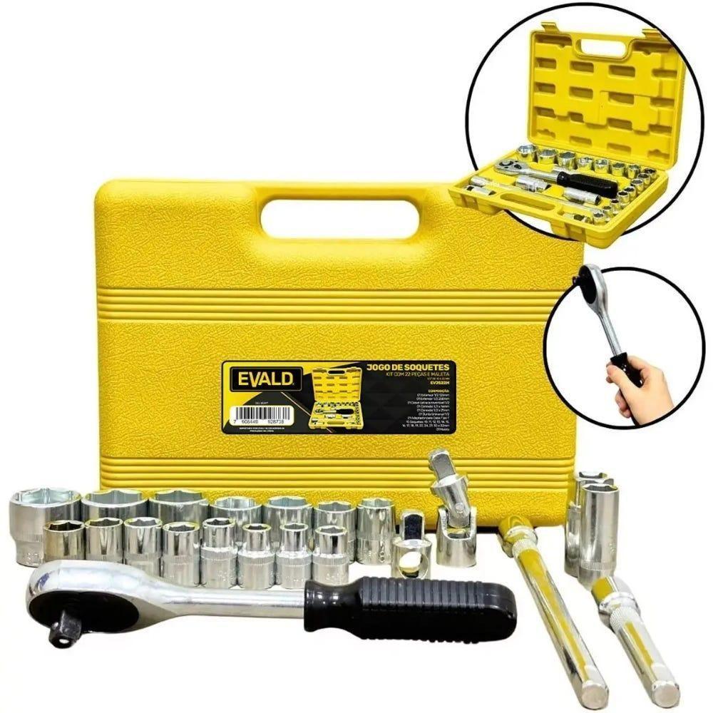 Jogo De Soquetes 1-2 Pol Com 22 Peças De 10 A 32 Mm E Maleta Evjs22m Evald - 1