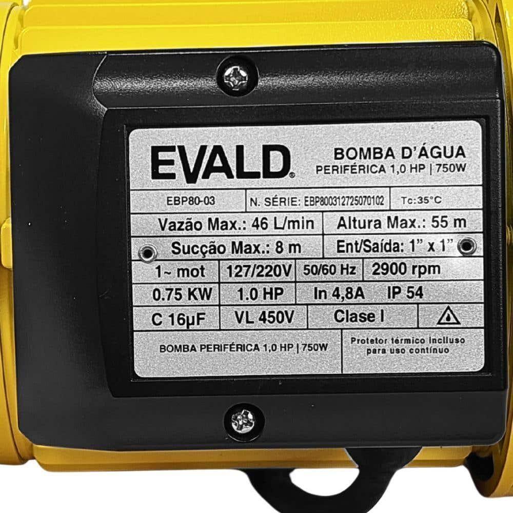 Bomba D'água Periférica 1 Cv 750w Monofásico Epb80-03 Evald Bivolt - 5