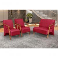 Conjunto Venus Braços Em Madeira Maciça 1 Namoradeira 2 Poltronas Suede Unidecor Vermelho - 4