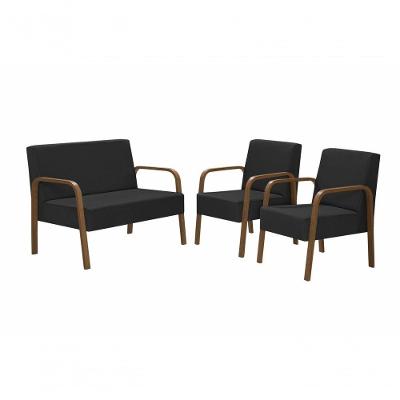 Conjunto De Poltronas Luna Braço Madeira Courino Preto D Salla