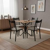 Mesa De Aço Quadrada Com 4 Cadeiras De Jantar Pequena Preta - Preto E Carvalho - 1