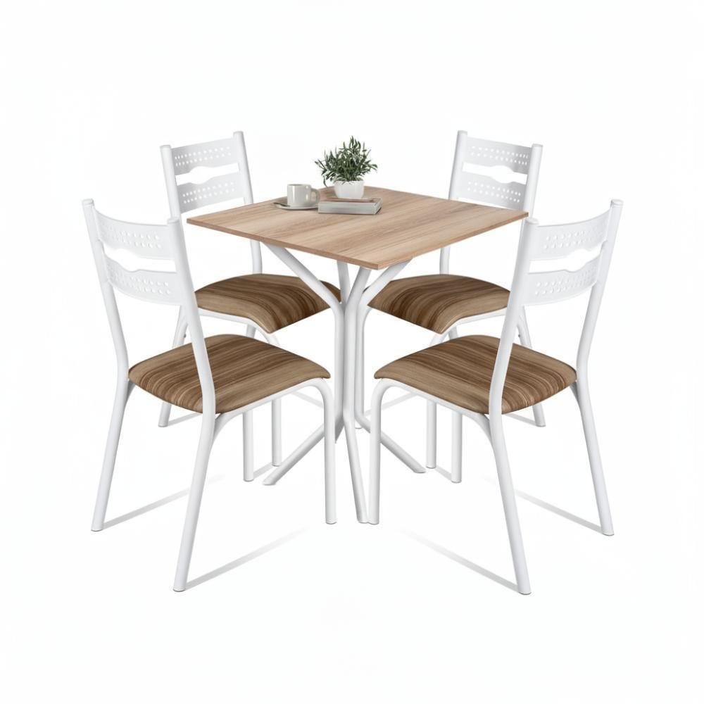 Mesa Com 4 Cadeiras De Aço Cozinha De Jantar Pequena Branco - Branco E Carvalho - 2