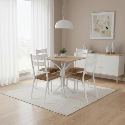 Mesa Com 4 Cadeiras De Aço Cozinha De Jantar Pequena Branco - Branco E Carvalho
