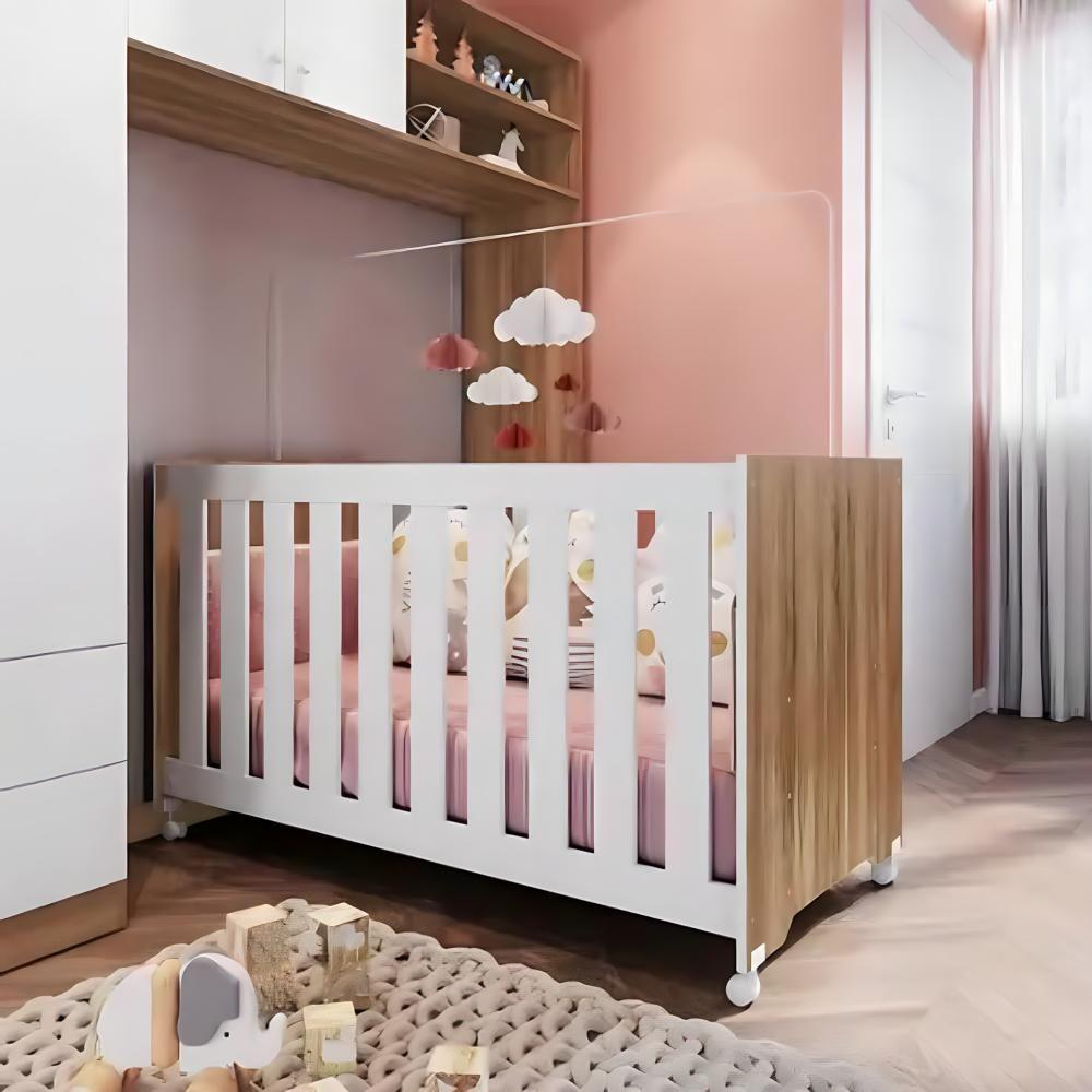 Berço Em Mdf Com Rodízios E Mosquiteiro Nogal Branco E Oak - 1