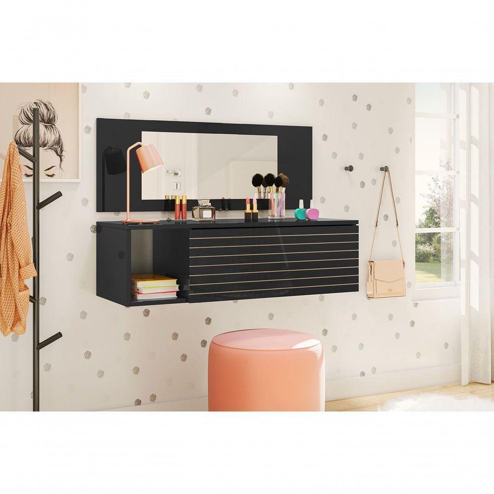 Penteadeira Camarim Suspensa Com Espelho E Gaveta Joy Preto - 1