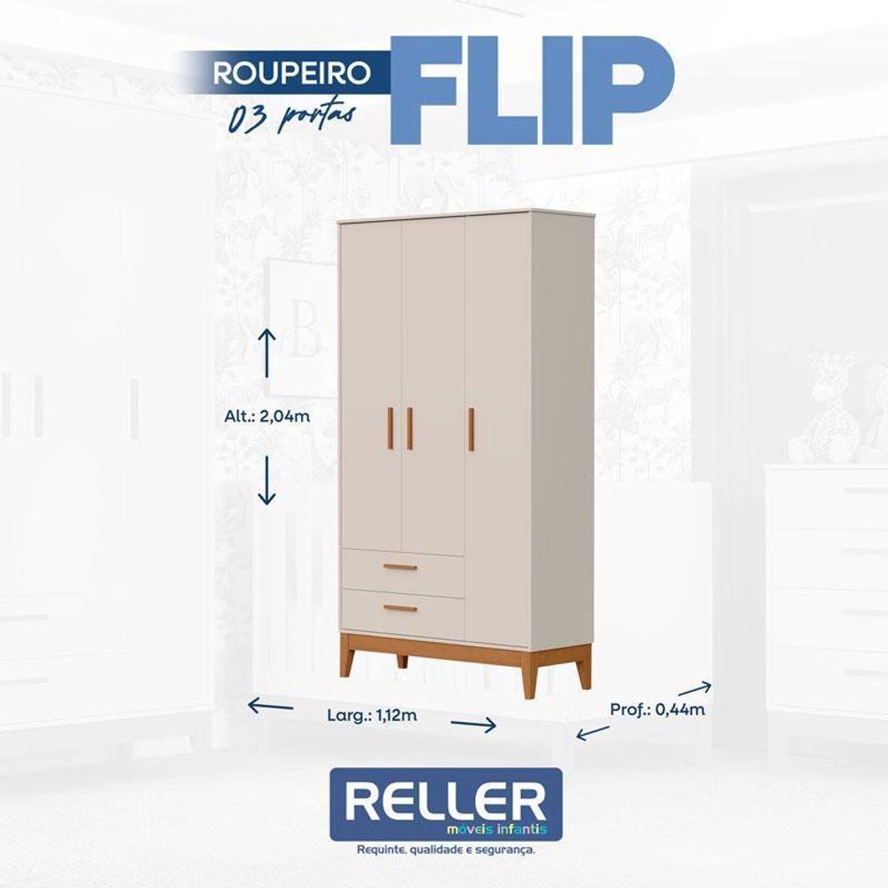 Guarda Roupa Infantil 3 Portas Com Berço Americano Flip Areia Acetinado Com Colchão - Reller - 4