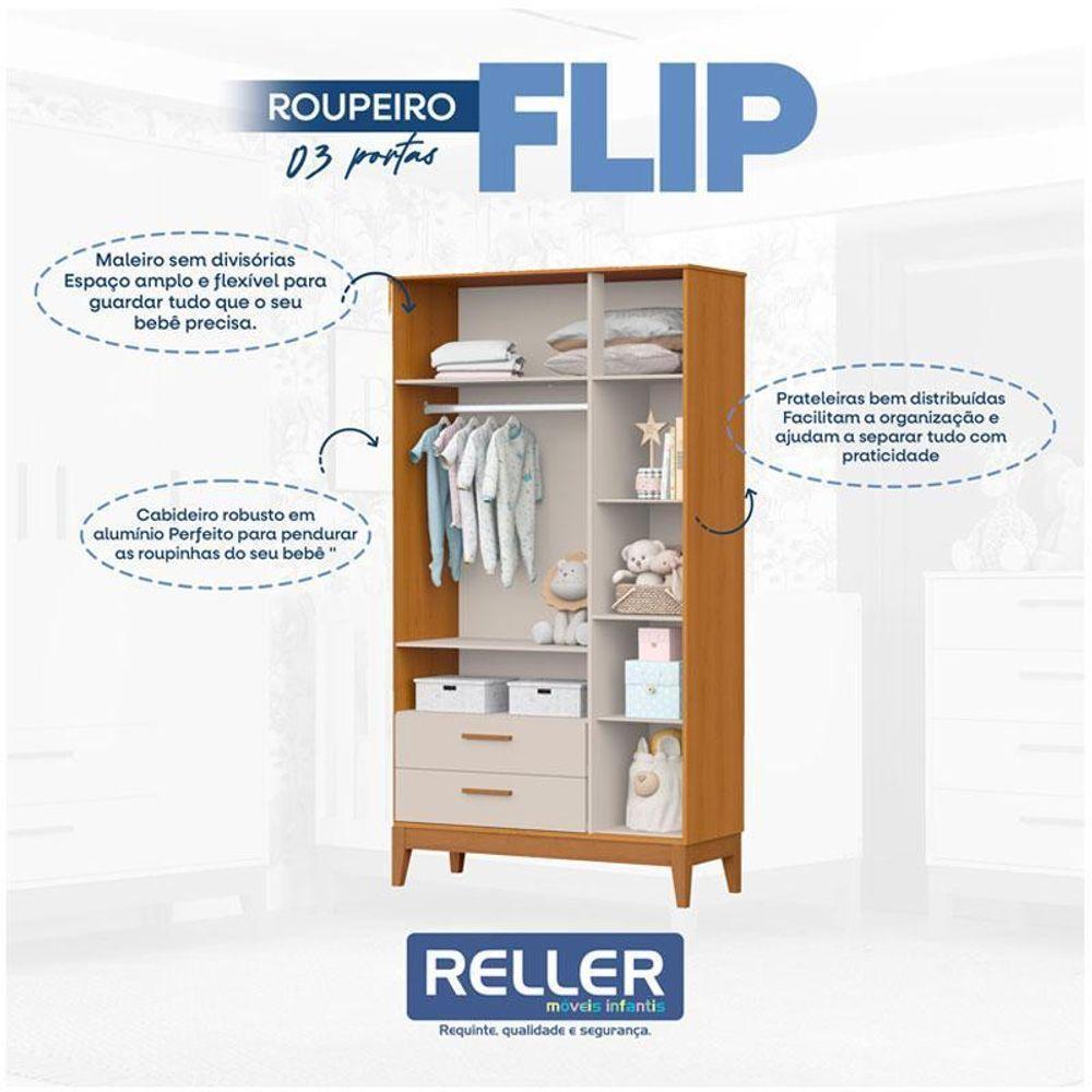 Guarda Roupa Infantil 3 Portas Com Berço Americano Flip Areia Acetinado Savana Com Colchão- Reller - 4