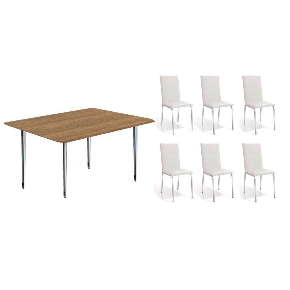 Conjunto: Mesa Sala Jantar Iguaçu C- Tampo De Madeira 1.60cm + 6 Cadeiras Amsterdã Cromada-branco 106 - Kappesberg - 1