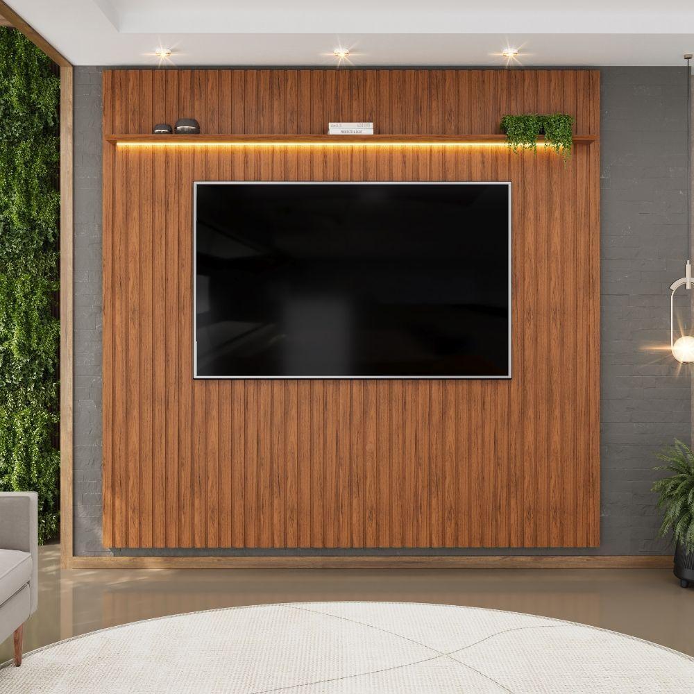 Painel Para Tv Até 65 Polegadas 2,23m Ripado Autêntico Com Led E Prateleira Montreal Madeirado Madeirado - 2