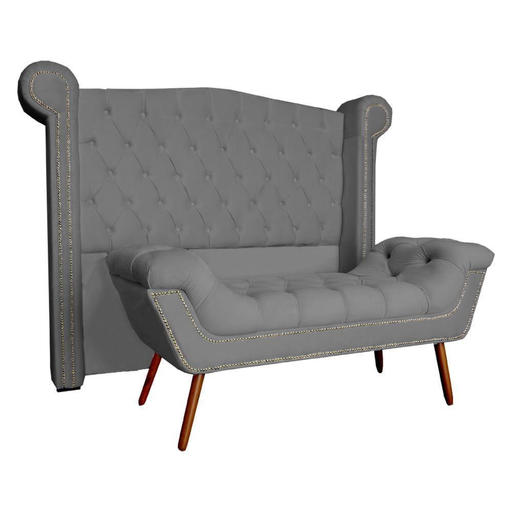 Kit Provença Cabeceira De Cama Box E Calçadeira Baú Casal 140 Cm Veludo Cinza Sj Móveis E Decoração - 1