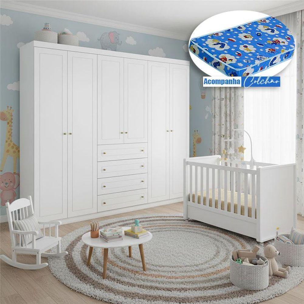 Berço Tutto New Com Guarda Roupa Mississipi 6 Portas Branco Fosco E Colchão Ortobom - Matic - 7