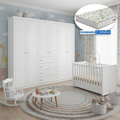 Berço Tutto New Com Guarda Roupa Americano Ambiente 6 Portas Branco Fosco E Colchão Gazin - Matic