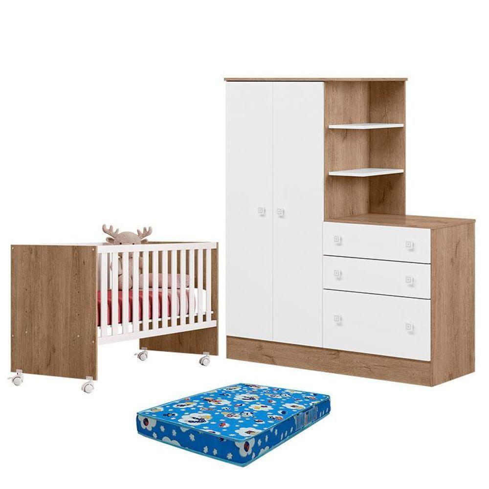 Berço Nacional 3540 E Guarda Roupa Com Cômoda 4070 Doce Sonho Carvalho Rústico Toq Branco E Colchão Tendtudo - Qmovi - 1