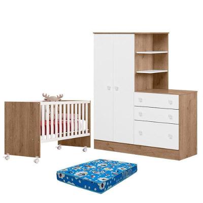 Berço Nacional 3540 E Guarda Roupa Com Cômoda 4070 Doce Sonho Carvalho Rústico Toq Branco E Colchão Tendtudo - Qmovi