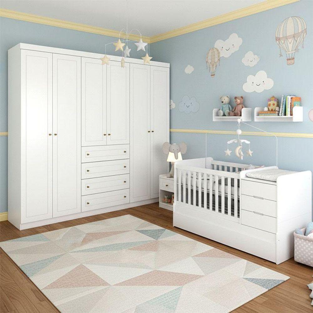 Berço Multifuncional Cleo E Guarda Roupa Infantil 6 Portas Mississipi Ambiente Branco Fosco Com Colchão Gazin - Henn - 1
