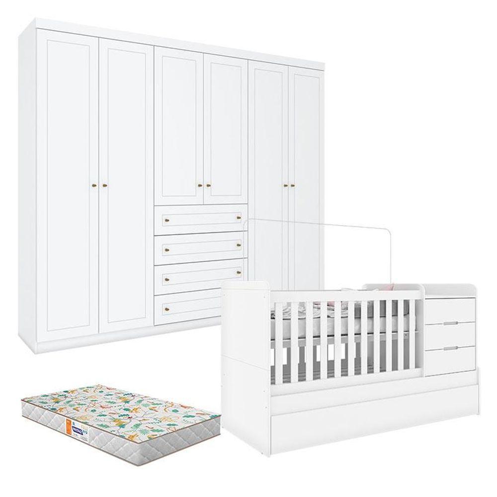 Berço Multifuncional Cleo E Guarda Roupa Infantil 6 Portas Americano Ambiente Branco Fosco Com Colchão Gazin - Henn - 8