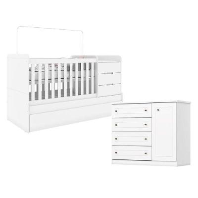 Berço Multifuncional Cleo e Cômoda Infantil Mississipi em MDF Branco Carolina Baby