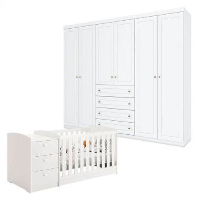 Berço Multifuncional Atlanta E Guarda Roupa 6 Portas Mississipi Branco Fosco Henn - Reller