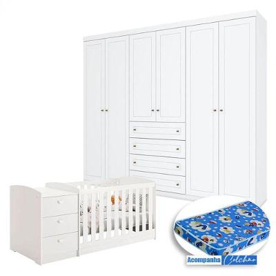 Berço Multifuncional Atlanta E Guarda Roupa 6 Portas Americano Branco Fosco Henn Com Colchão Ortobom - Reller