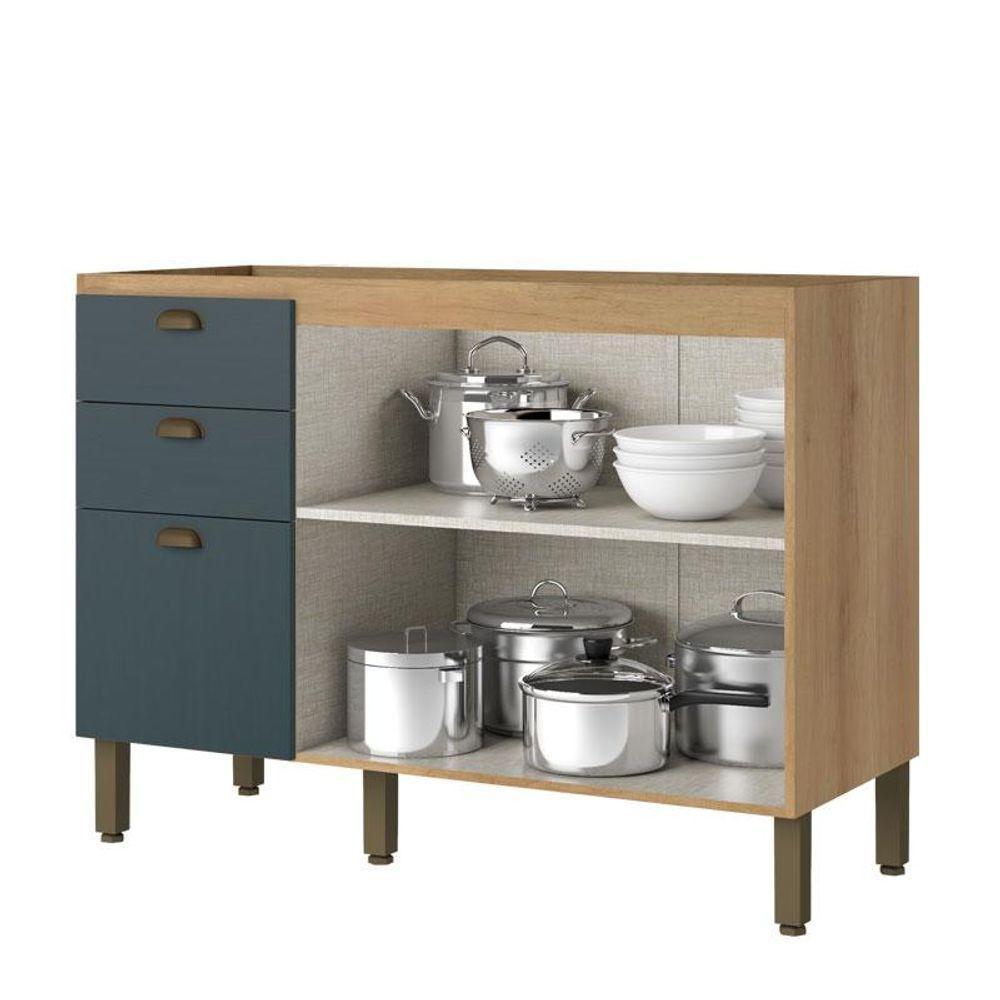 Balcão 120 Cm 2 Portas 3 Gavetas Sem Tampo Finesse Capuccino Azul - Thb - 2