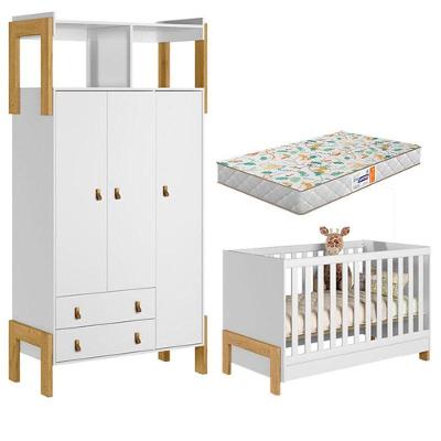 Berço Americano 4300 E Guarda Roupa Infantil 4375 Fantasia Branco Acetinado Com Colchão Gazin - Qmovi