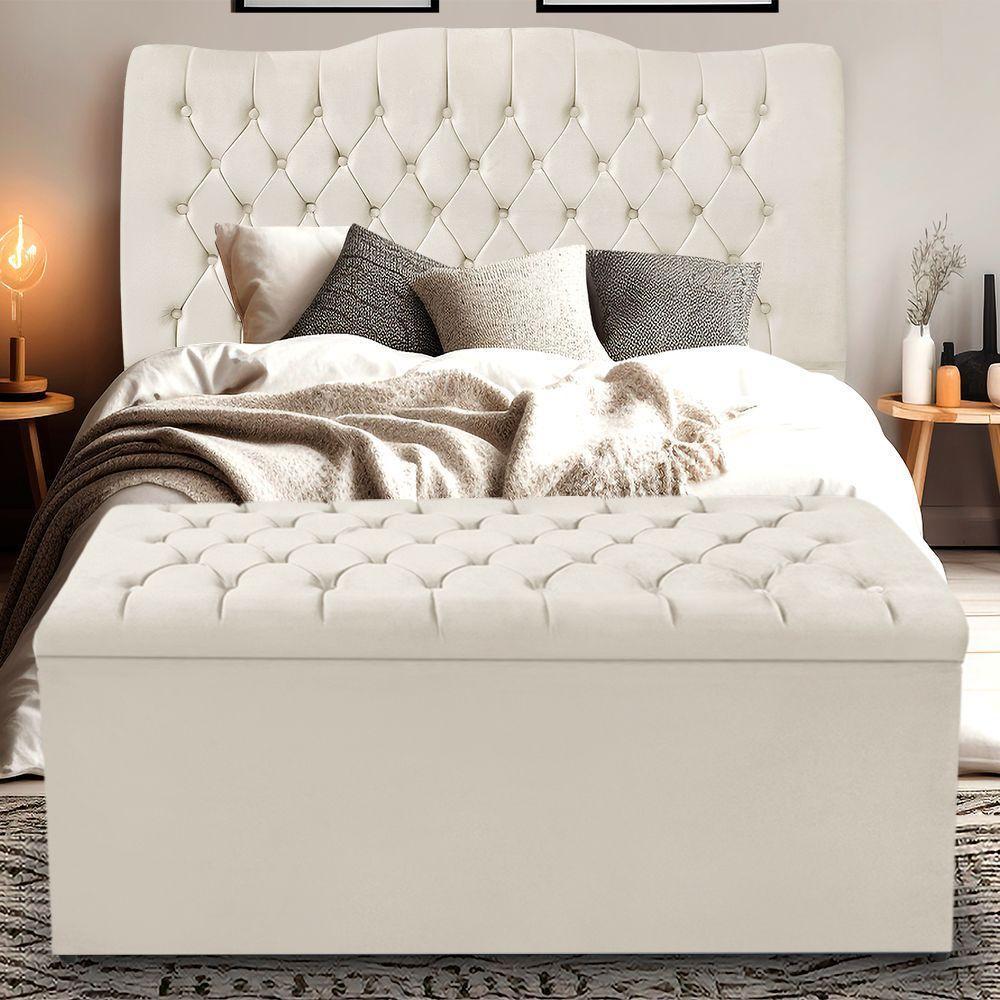 Kit Cabeceira E Calçadeira Baú Dunas Casal 140 Cm Bege Claro - 1