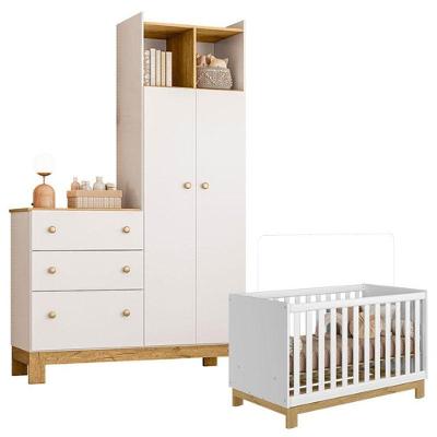 Berço Americano Mini Cama e Guarda Roupa Cômoda Q Encanto Slim 2 Portas 3 Gavetas MDP MDF Branco