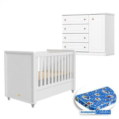 Berço Americano Tutto New MDF com Colchão Espuma e Cômoda Infantil Branco Fosco