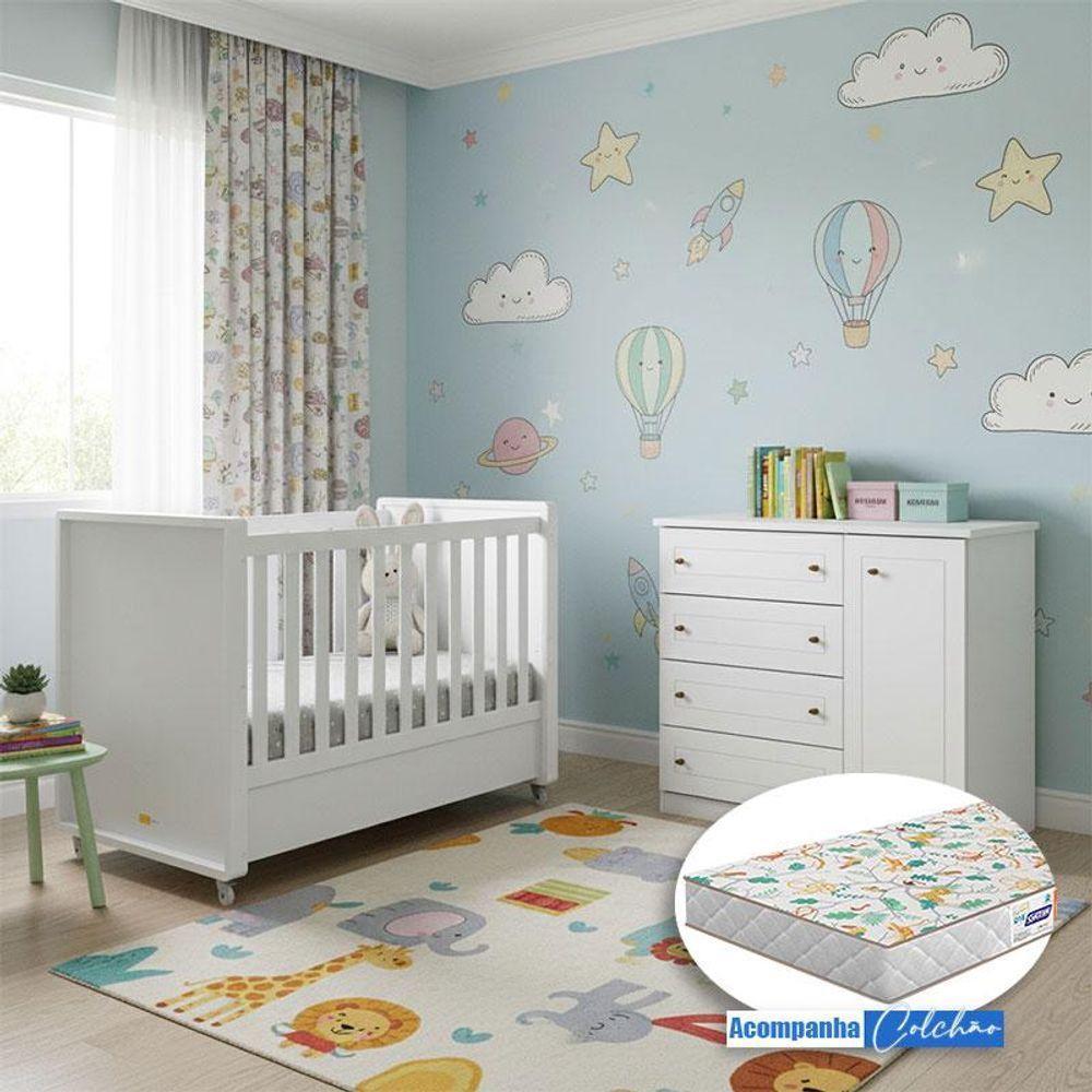 Berço Tutto New E Cômoda Infantil Americano Ambiente Branco Fosco Com Colchão Gazin - Matic - 1