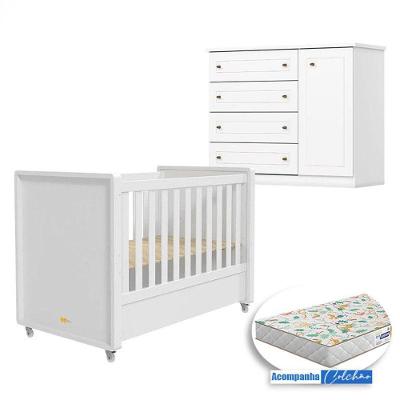 Berço e Cômoda Infantil Tutto New 1 Porta 4 Gavetas em MDF e MDP 140cm Branco