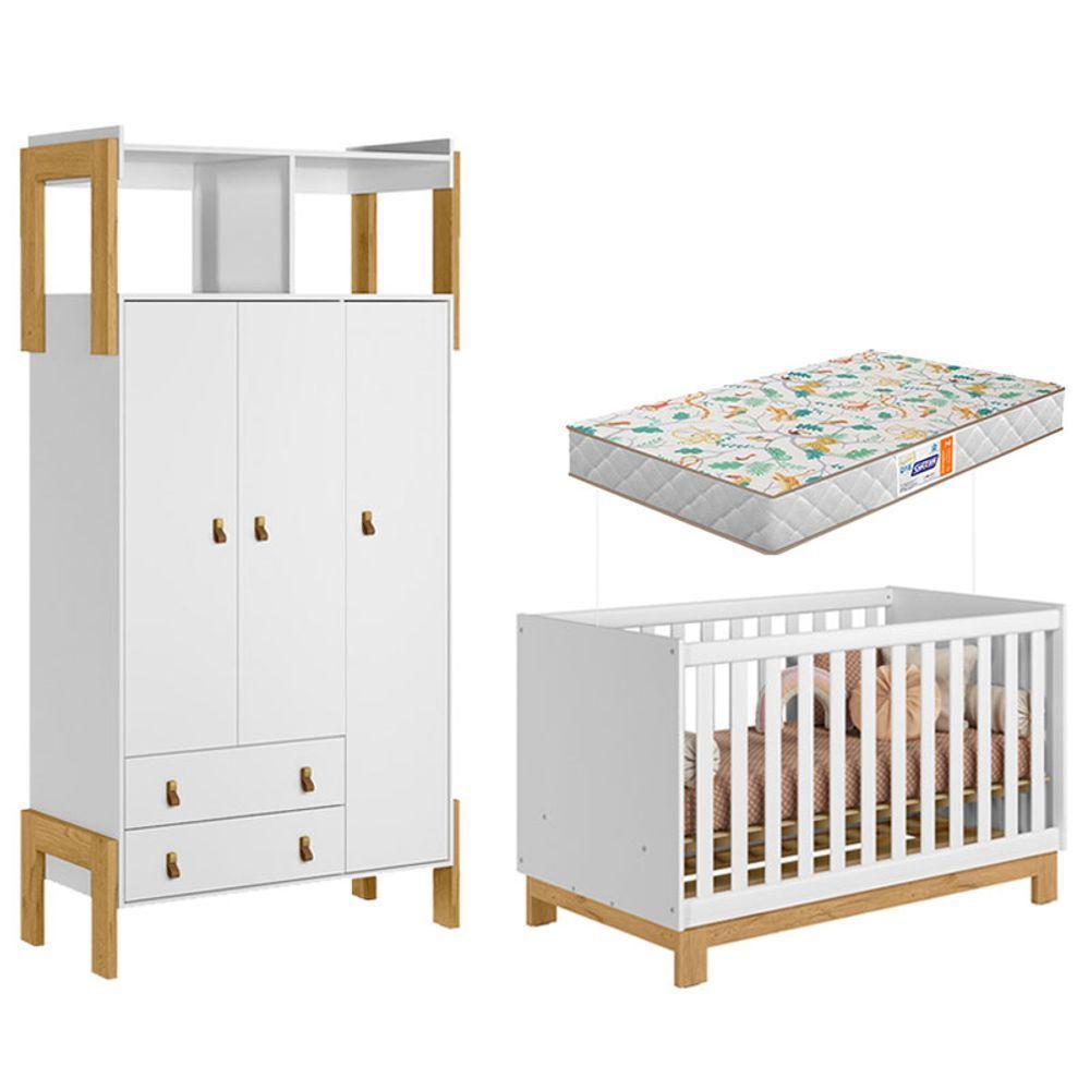 Berço Americano 4315 Mini Cama Q Encanto Slim E Guarda Roupa Fantasia 4375 Branco Acetinado Com Colchão Gazin - Qmovi - 1