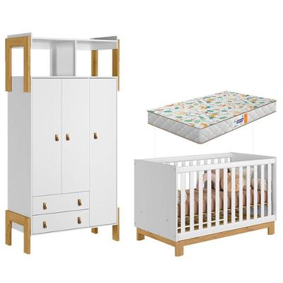 Berço Americano 4315 Mini Cama Q Encanto Slim E Guarda Roupa Fantasia 4375 Branco Acetinado Com Colchão Gazin - Qmovi