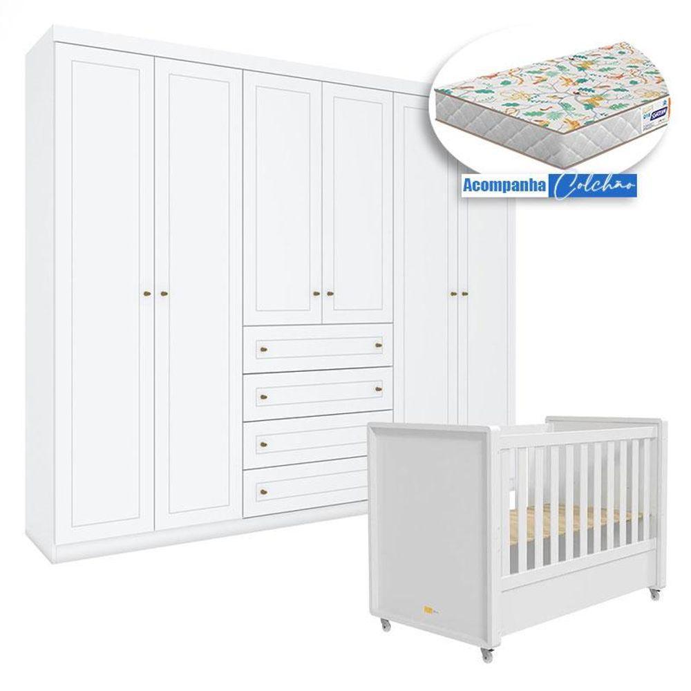 Berço Tutto New Com Guarda Roupa Mississipi Ambiente 6 Portas Branco Fosco E Colchão Gazin - Matic - 7