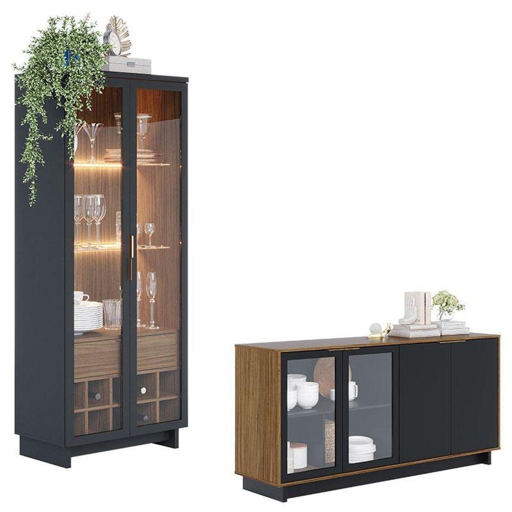 Cristaleira Guanabara Com Aparador Para Sala Buffet Vitória Noce Milano Preto Acetinado - Colibri - 1