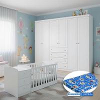 Berço Multifuncional Atlanta E Guarda Roupa 6 Portas Americano Ambiente Branco Fosco Henn Com Colchão Ortobom - Reller - 1
