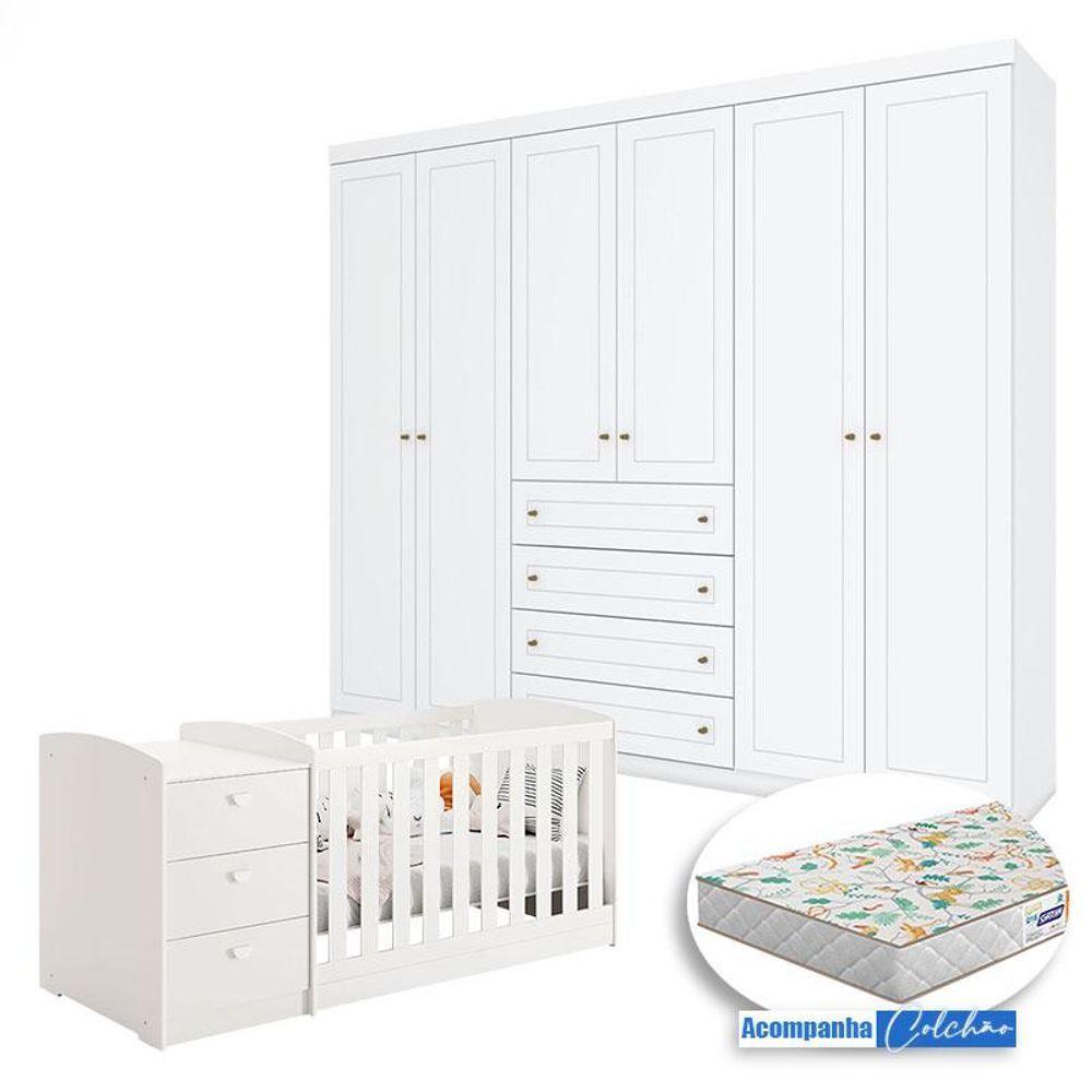Berço Multifuncional Atlanta E Guarda Roupa 6 Portas Americano Ambiente Branco Fosco Henn Com Colchão Gazin - Reller - 8