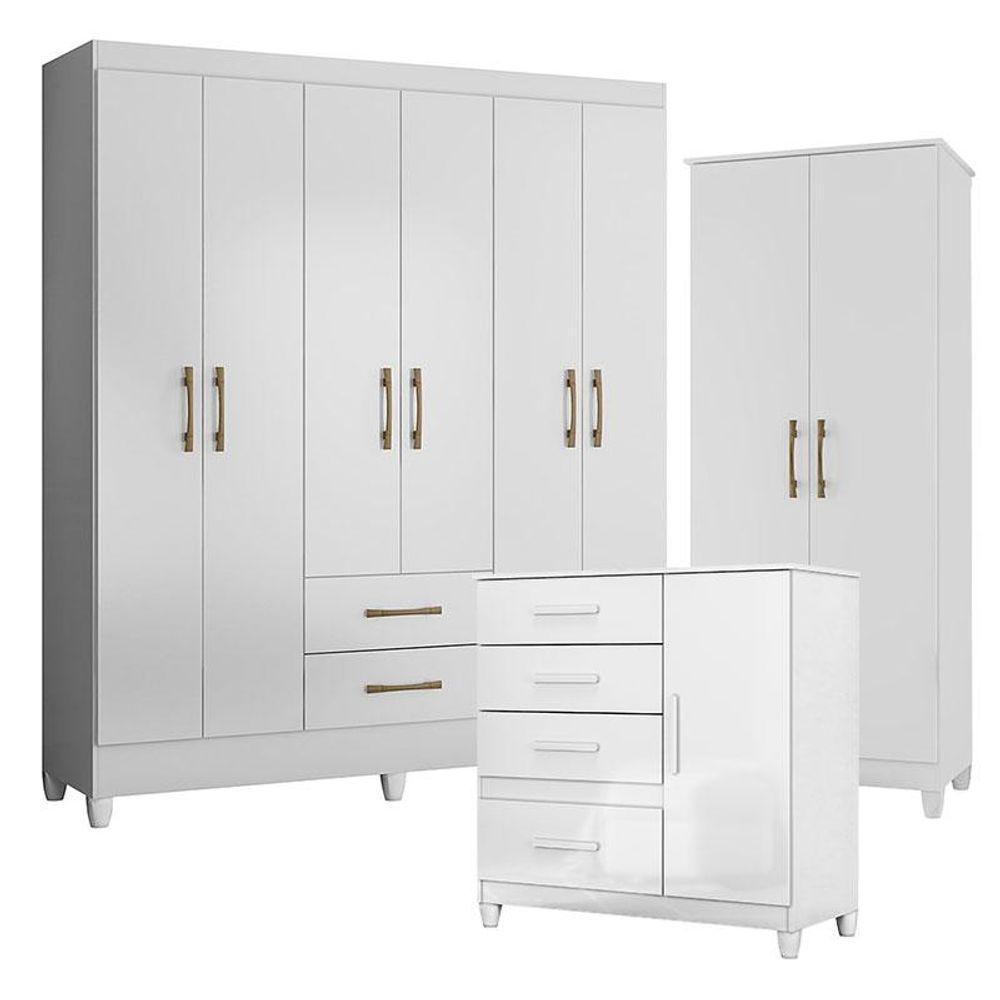 Guarda Roupa Casal Panamá Com Cômoda Vênus Com Pés E Armário Multiuso Jade Branco Brilho- Moval - 1