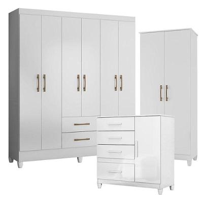 Guarda Roupa Casal Panamá Com Cômoda Vênus Com Pés E Armário Multiuso Jade Branco Brilho- Moval