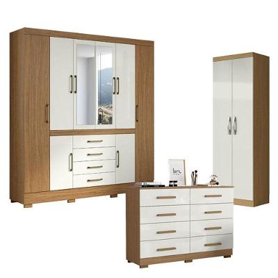 Kit Guarda Roupa Casal Nápole 2045149 8 Portas Giratórias 4 Gavetas MDP Armário Multiuso e Cômoda
