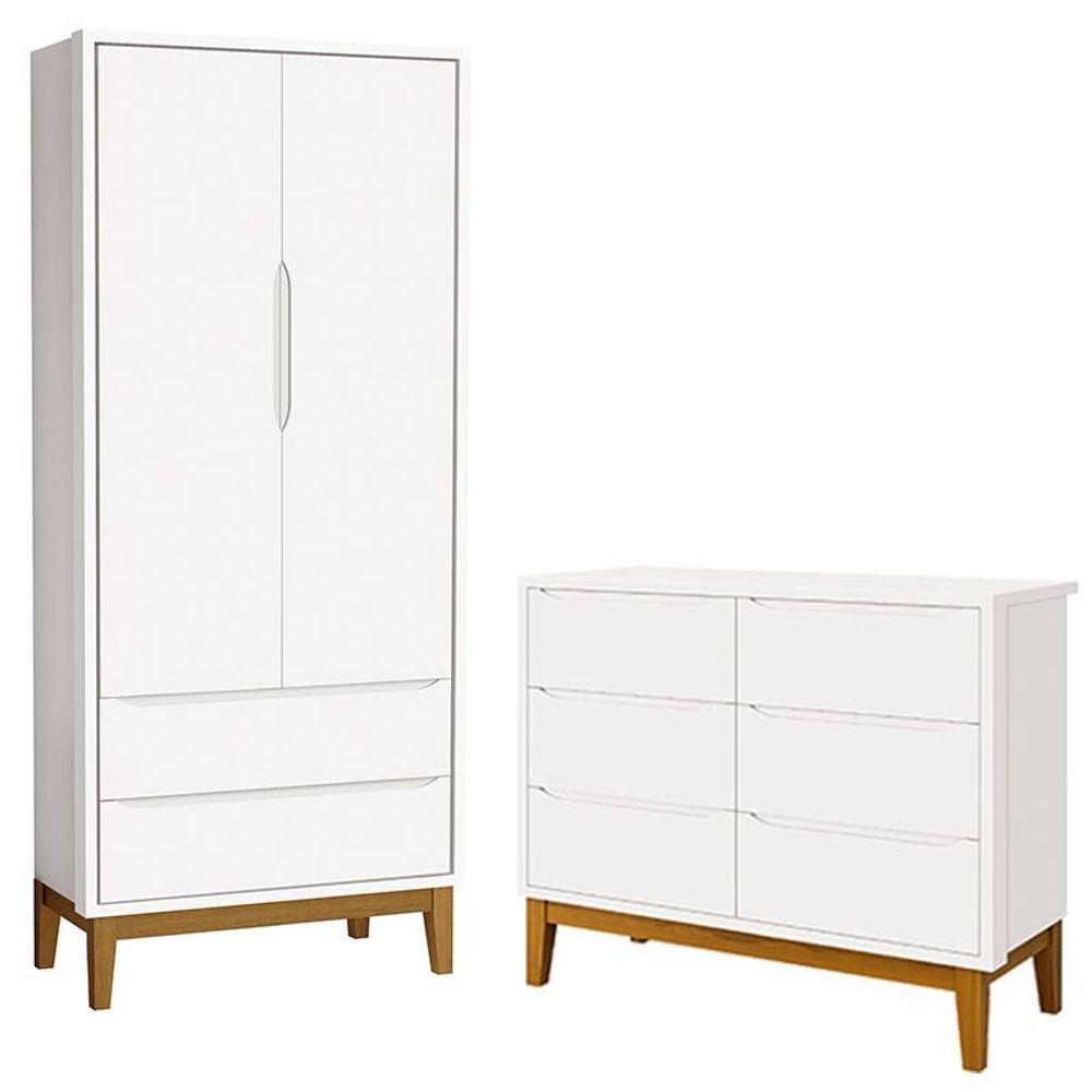 Cômoda 6 Gavetas E Guarda Roupa 2 Portas New Classic Branco Com Pés Madeira - Reller - 1