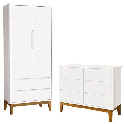 Cômoda 6 Gavetas e Guarda Roupa 2 Portas New Classic MDF Branco com Pés Fixos