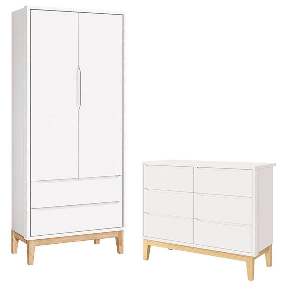 Cômoda 6 Gavetas E Guarda Roupa 2 Portas New Classic Branco Com Pés Madeira Natural- Reller - 1