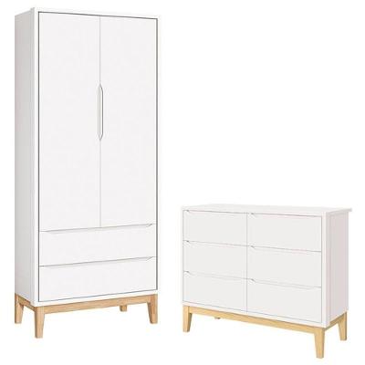 Cômoda e Guarda-Roupa Infantil New Classic 6 Gavetas em MDF com Puxadores Metal Branco